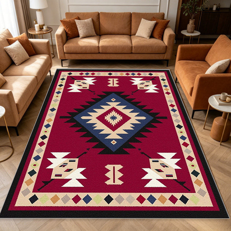Red Southwestern area rugs for Living Room, Soft and Comfortable, Suitable for all seasons, easy to maintain, machine washable Indoor floor mat, Under Table Farmhouse suitable for Bedroom, Dining Room, Study, Patio, Balcony, Home Decor