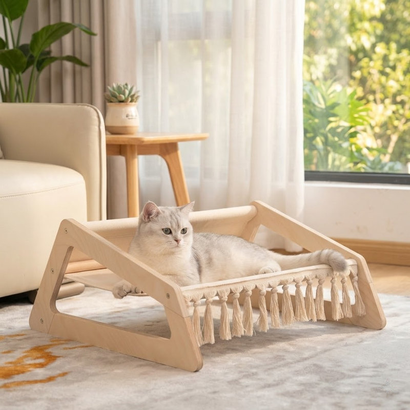 Lit hamac pour chat avec housse lavable amovible, canapé pour animaux de compagnie, chaise longue surélevée pour chat, mobilier pour chat en bois, grand