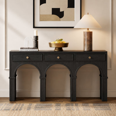 HERNEST 60" Black Oak Triple-Arch Console Table with 3 Drawers