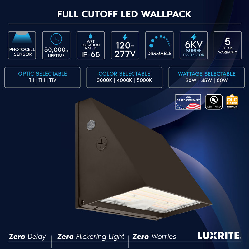 Luminaire à découpage mural à DEL Luxrite, 30 W-60 W, 3 W, jusqu'à 8100LM, optique TII / T III / TIV, photocellule Dusk to Dawn, IP65, à intensité variable, UL et DLC Premium