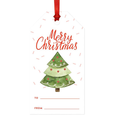 Étiquettes-cadeaux de Noël classiques, arbre de Noël vert aquarelle avec confettis, Merry Christmas To From, paquet de 20