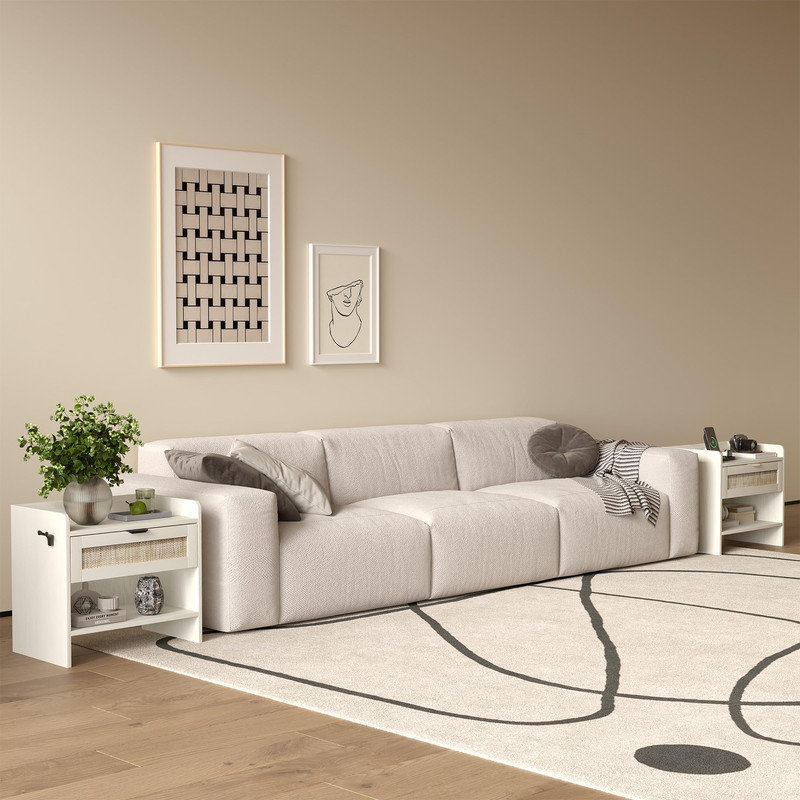 Ensemble de 2 tables de chevet en rotin avec tiroir et tablette ouverte, table pour chambre à coucher ou bureau, Blanc