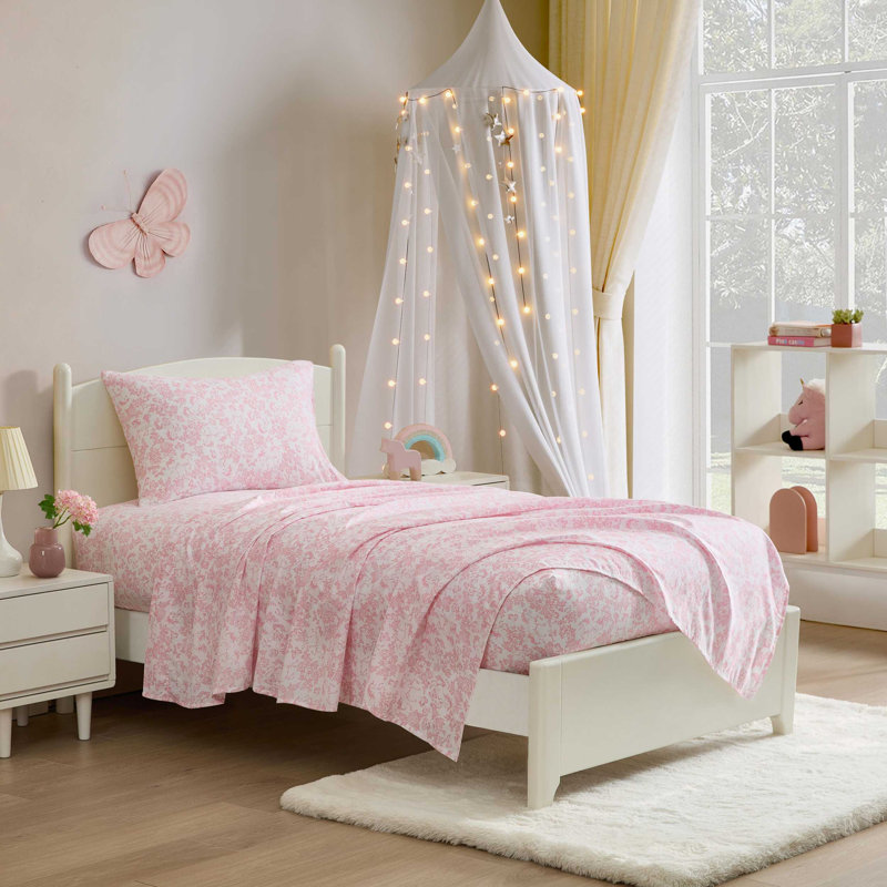 Laura Ashley Kids Cozy Printed Sheet Sets, Twin Sheet Set with 1 Pillowcase, Toile Unicorn Pink