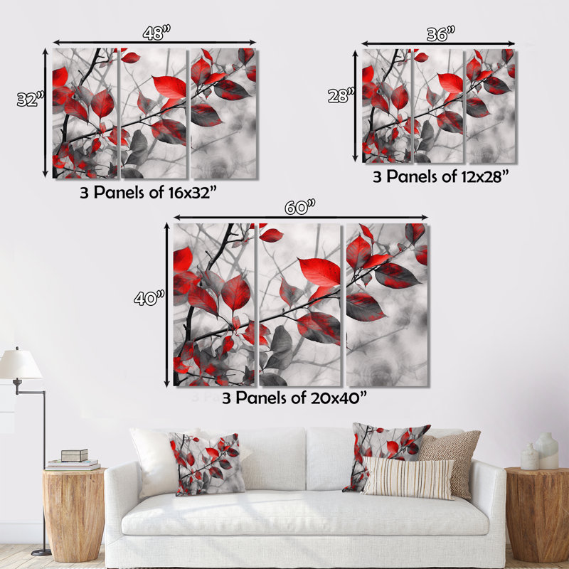 «Red Grey Leaves On Tree IV on Canvas», reproduction de 3 pièces, H 32 po x l 48 po x P 1 po
