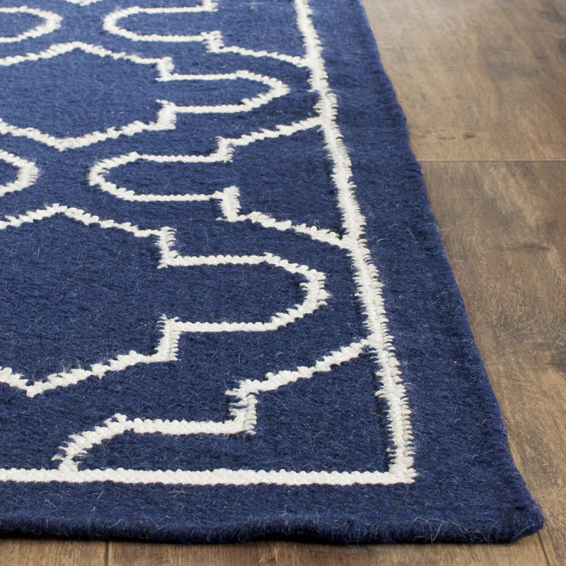 Rodgers Hand Woven Flat Weave Banana Silk/Wool/Cotton Geometric Rug in Ivory/Navy, Runner 2'6" x 9'