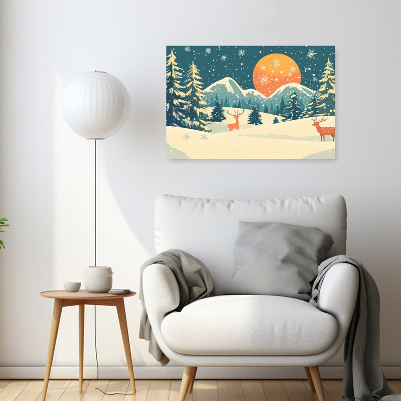 «Moonlit Winter Deer Peaceful Serene Abstract Pine Tree Deer Forest Landscape», reproduction d'art mural, 24" H x 36" W