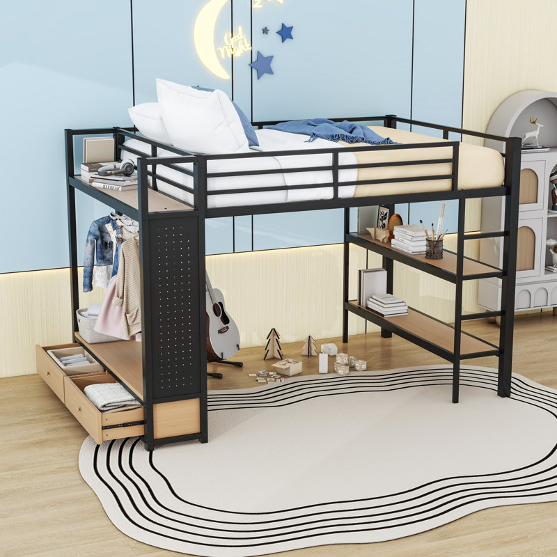 Lit mezzanine en métal avec tiroirs de rangement, armoire ouverte et tablette, Grand lit