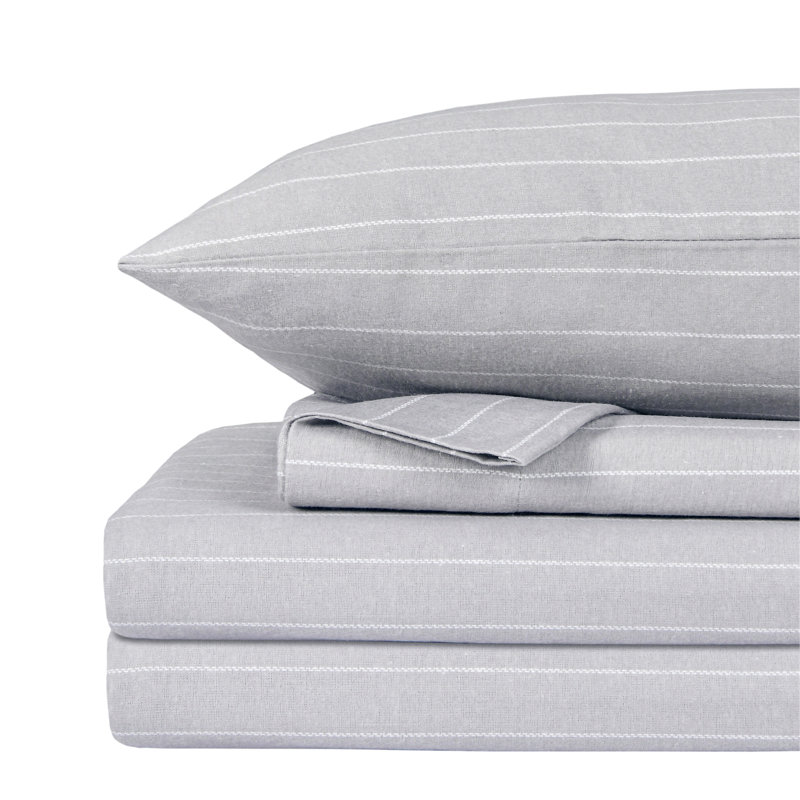 Queen Gray Stripe Cotton Flannel Deep Pocket Sheet Set
