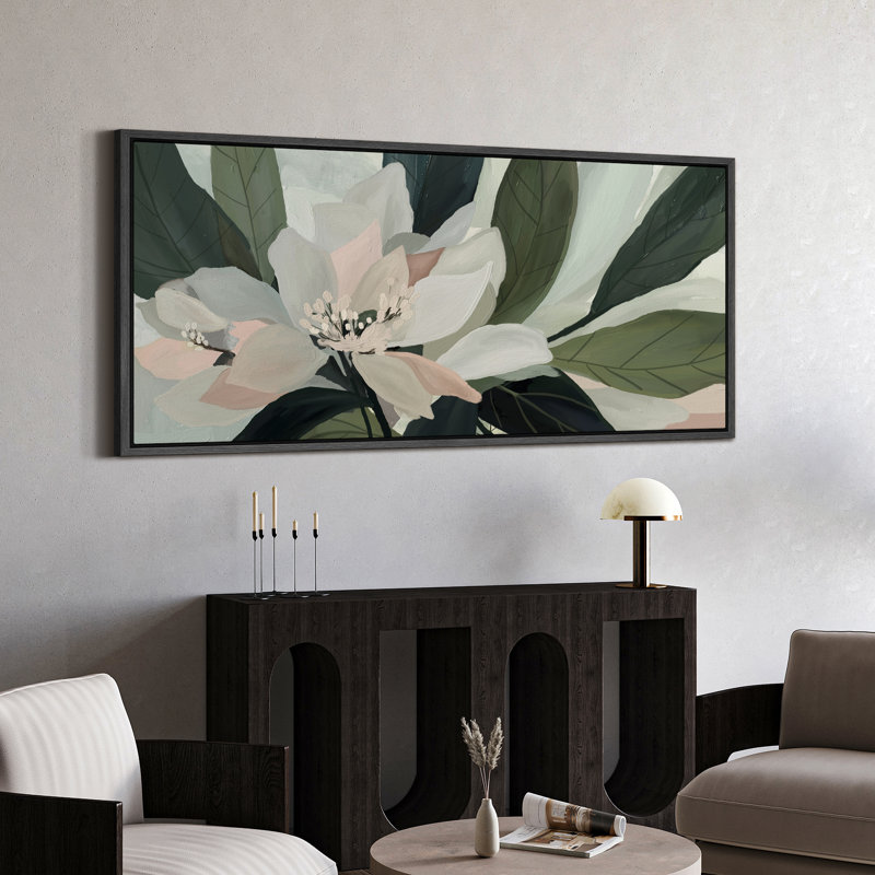 Abstract Sage Green Botanical Flower Art Mid Century Modern Boho Wall Art Horizontal Art Decor, 30" H x 60" W, Black