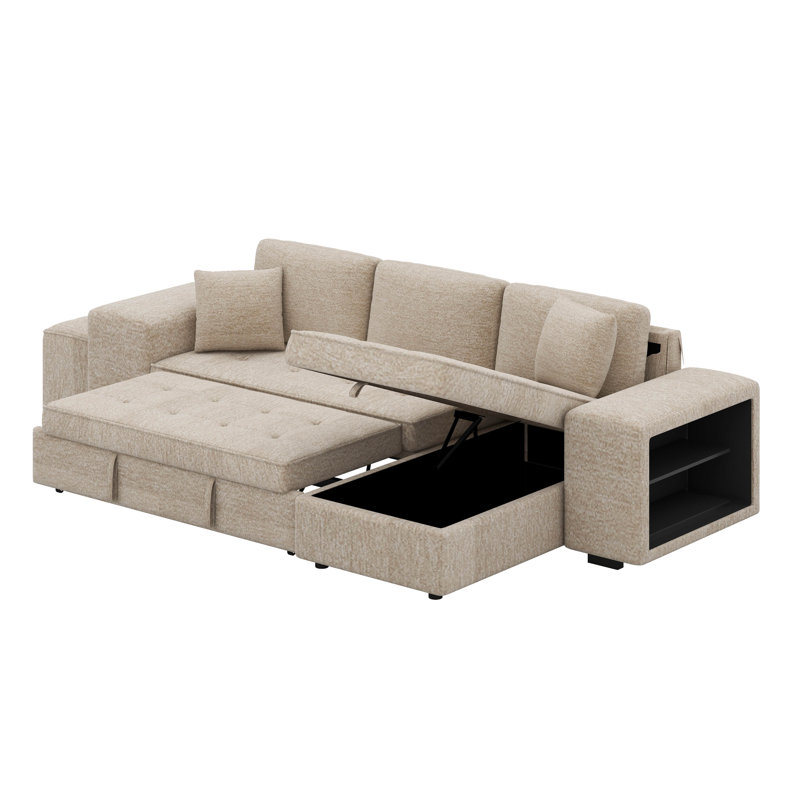 Canapé modulaire réversible moderne en L à 3 places, canapé-lit escamotable avec méridienne de rangement et 2 tabourets