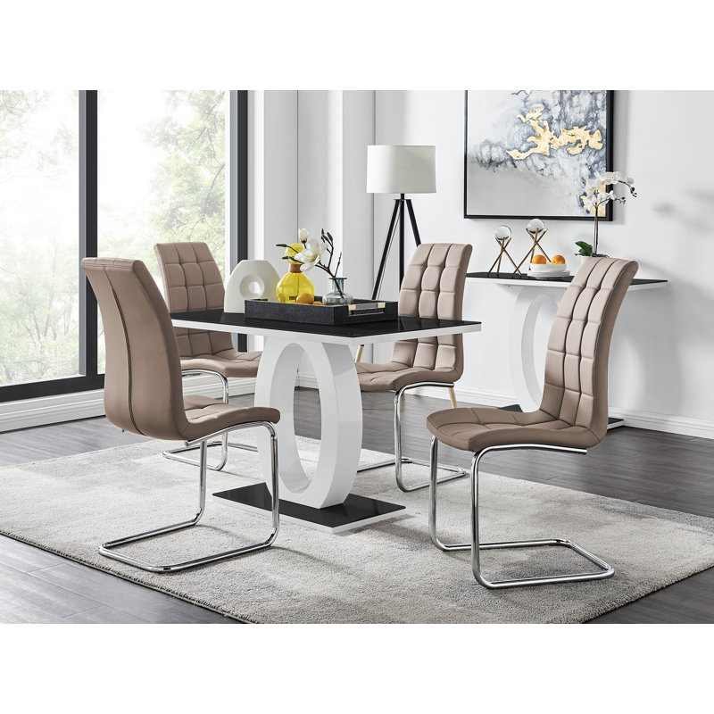 Scottsmoor Modern High Gloss & Glass Dining Table Set - 4 Upholstered Faux Leather Dining Chairs, Grey/White, Cappuccino