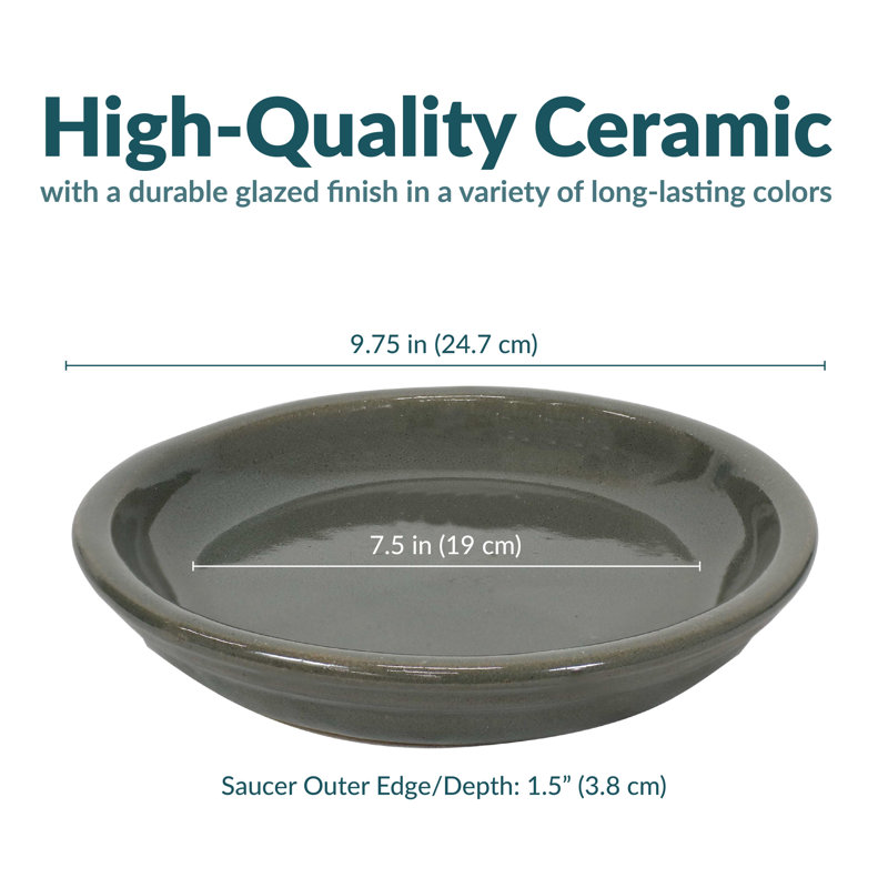Round Glazed Ceramic Flower Pot Saucer Set of 2 - Fits 7" Planters - Gray, 1.5" H x 9.75" W x 9.75" D, Gray
