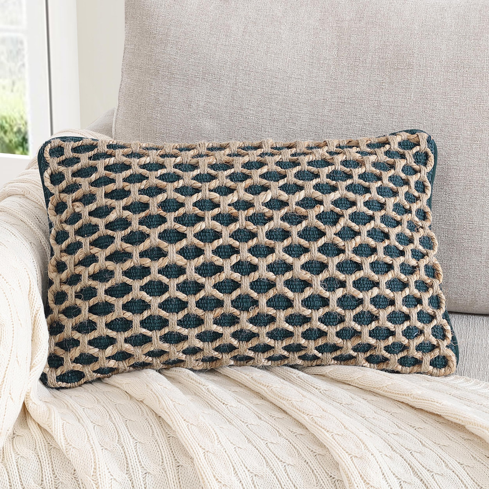 Ablo Textured Cotton Throw Pillow, Rectangular 12"H x 20"W, Indigo/Natural