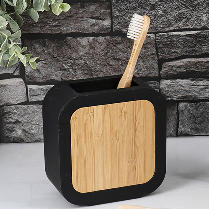 Porte-brosse à dents moderne en caoutchouc et bois, Noir