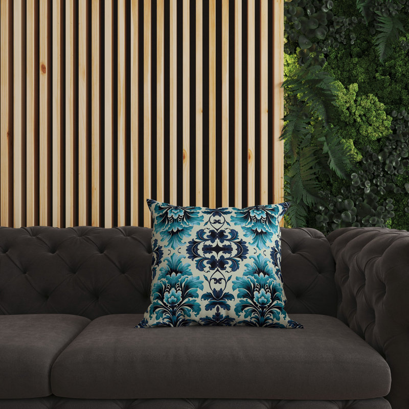 Coussin décoratif réversible intérieur / extérieur Damask Rapture, H 18 po x l 18 po, Bleu / turquoise