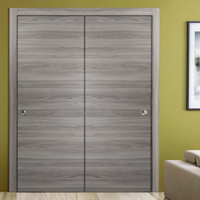 Portes coulissantes de placard Planum 0010 Frêne gingembre, rails de montage supérieurs robustes, moulures, garnitures, quincaillerie, bois massif, portes de placard de chambre à coucher - 36 po x 96 po (2 x 18 x 96 po)