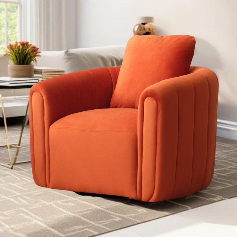 Deria 30.5'' W Velvet Swivel Barrel Chair, Orange