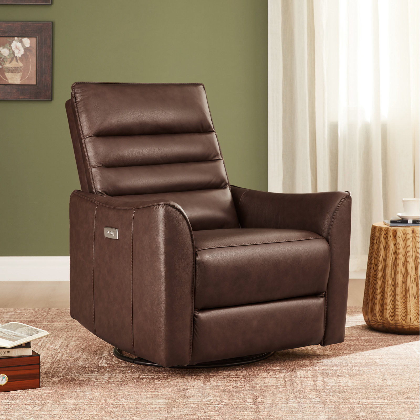 Gabi 33" Genuine Leather Swivel Power Recliner, Impression Cognac Top Grain Leather