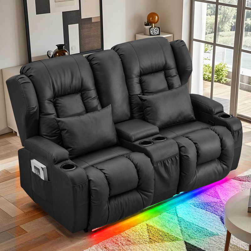 Manual Reclining Loveseat Sofa With Center Console, Cup Holders And LED Lights - Overstuff Seat, Black