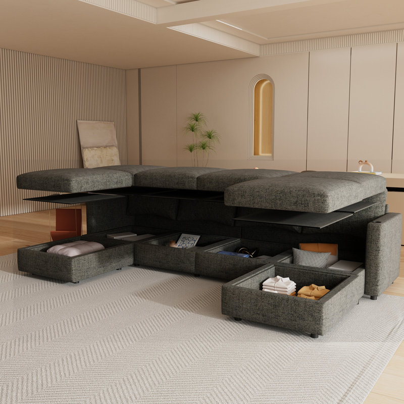 Modern Large Sectional Sofa, Grey Fabric