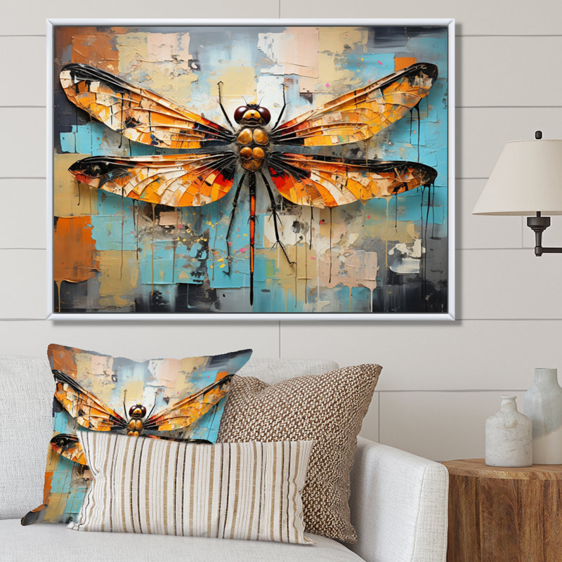 «Orange Dragonfly Insectes Flight Collage I», reproduction sur toile, H 24 po x l 32 po x P 1 po, Cadre flottant blanc