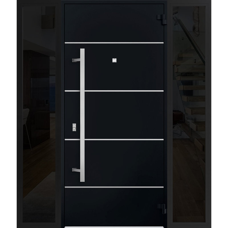 Porte avant en acier pré-suspendue à l'avant / deux portes en émail noir 6083/2 fenêtres extérieures latérales / inserts en acier inoxydable avec entrée en métal peint moderne l 12 + 36 + 12 po x H 80 po à gauche