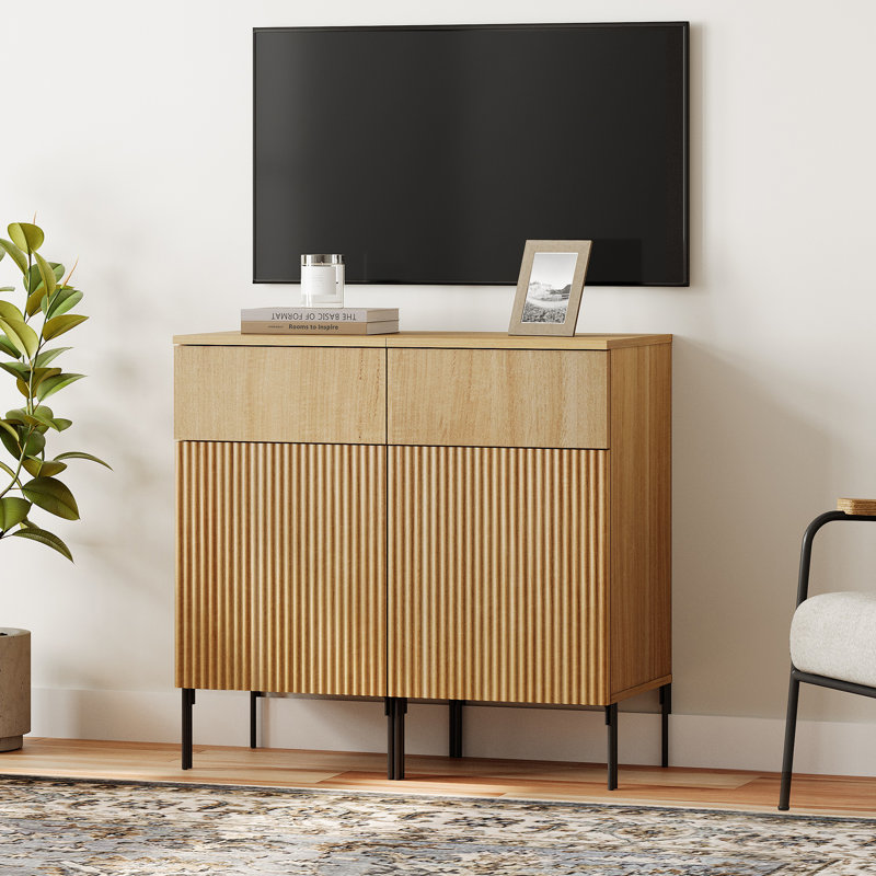 Union Rustic 31.5" Modern Reeded TV Stand With Doors, Entertainment Center With Shelf, Wooden TV Console With Drawers For Living Room