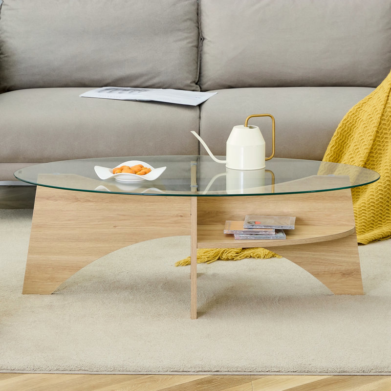 Oval Tempered Glass Coffee Table, Natural Wood