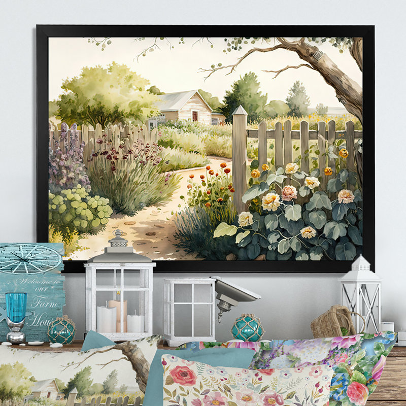 Ferme, jardin frais II - ferme, art mural, Cadre simple noir, H 12 po x l 20 po x P 1 po