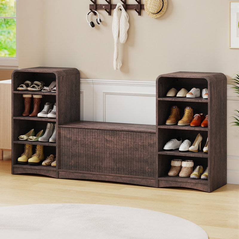 Banc de rangement à chaussures en forme de U de 160 cm avec armoire, Noyer