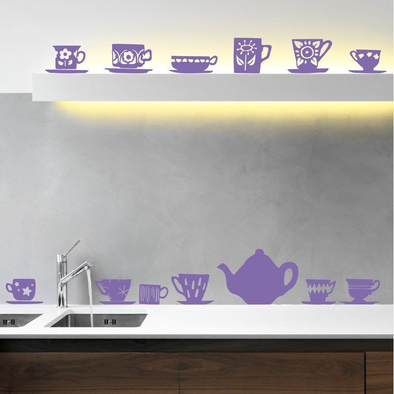 Décalcomanie murale tasses de thé, H 23 po x l 24 po x P 0,01 po, Lavande