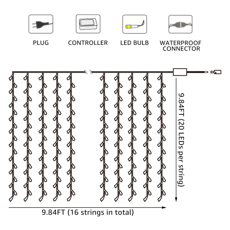 320 LED 9.8FT × 9.8FT Window Curtain String Light, 8 Lighting Modes, Wedding String Lights Decorations