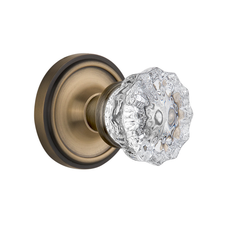 Classic Rosette with Crystal Door Knob, Antique Brass