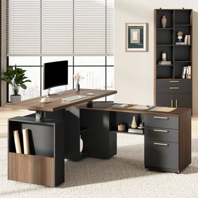 2 piece Office Furniture Set, 63"W L-Shaped Electric Height Adjustable Executive Desk & 73"H Bookshelf
