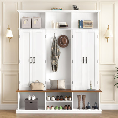Hall Tree With Storage Bench, Entryway Organization With Hooks, Open Shelves And Cabinets, Contemporary, Mudroom
