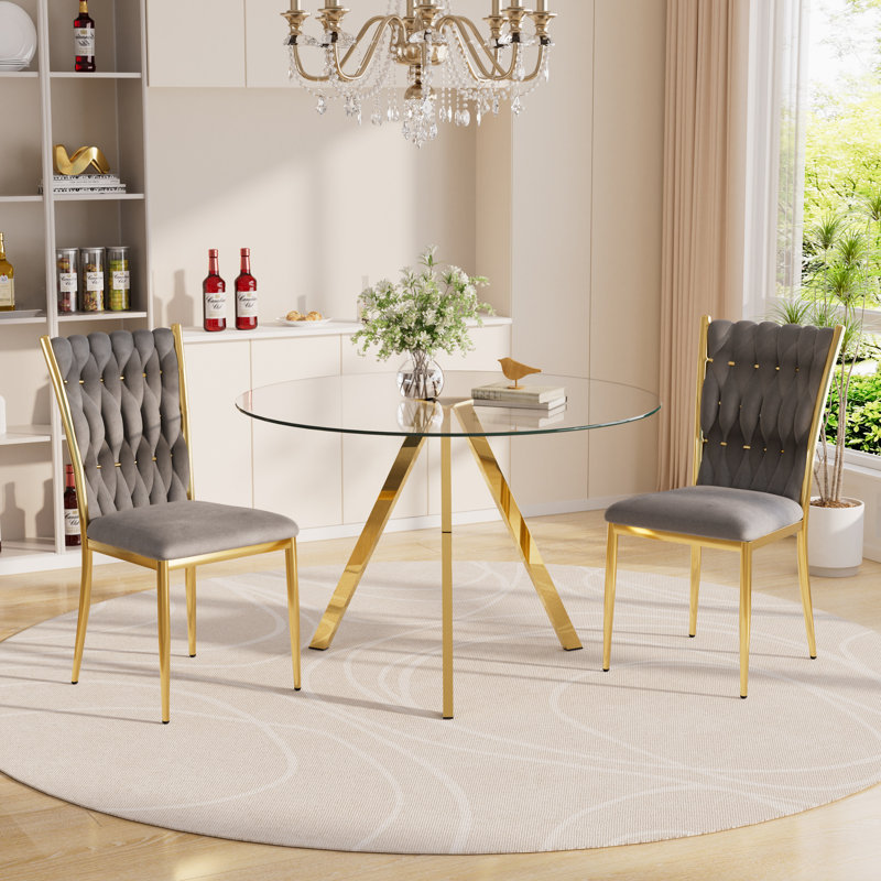 Ensemble de table de salle à manger en verre avec chaises rembourrées en velours, 3, Gris/doré, Doré