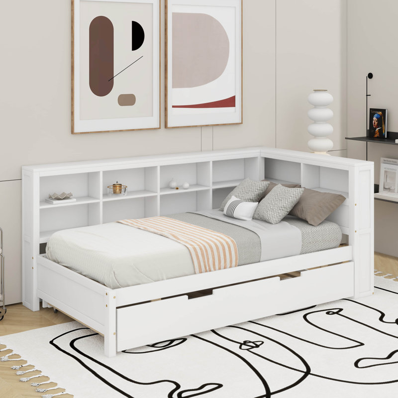 Lit de jour simple avec lit gigogne, tablette et port USB, Blanc