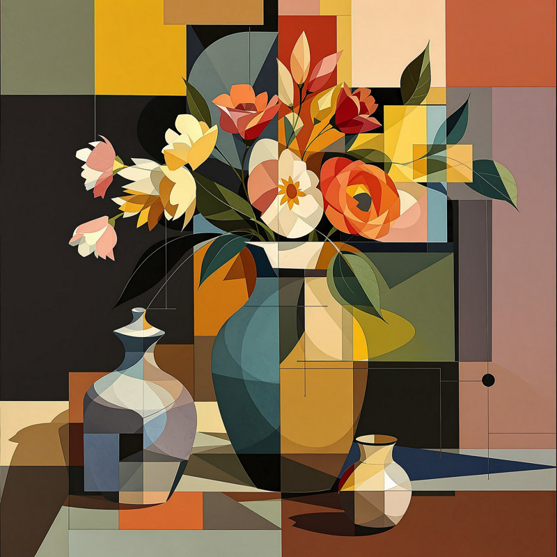 Nature morte colorée du milieu du siècle II, H 24 po x l 24 po