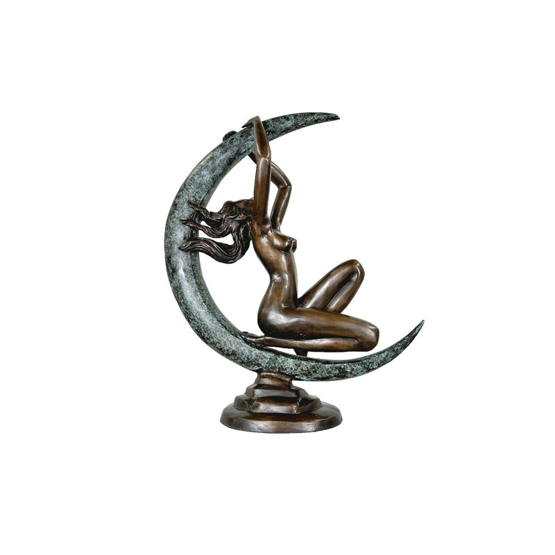 Bronze Nude Lady on Cresent Moon Sculpture