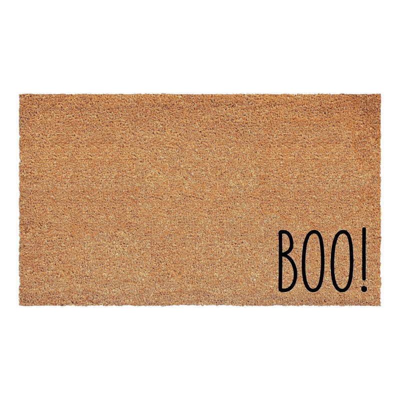 Tapis de porte d'extérieur en fibre de coco brun et naturelle, motif « Boo » pour l'Halloween, 43 x 74 cm.