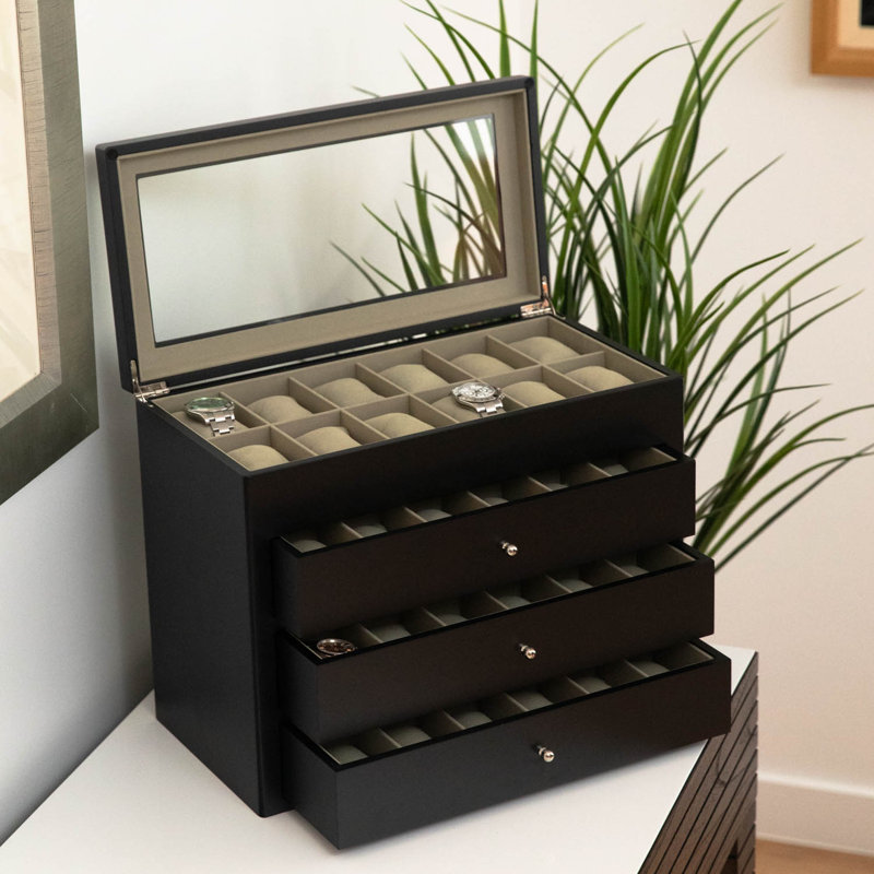 Wood Watch Box + Drawers, Black