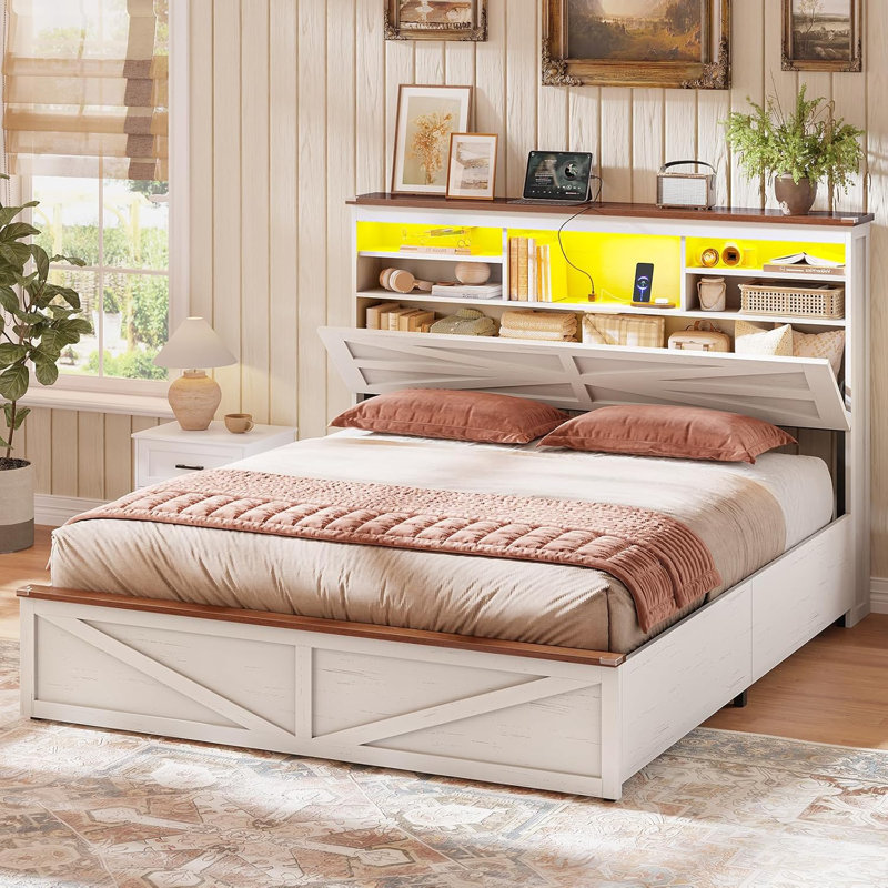 Farmhouse Queen Bed Frame with Lift-Up Storage, 3-Tier Bookcase Headboard & LED Lights, White, Queen, White