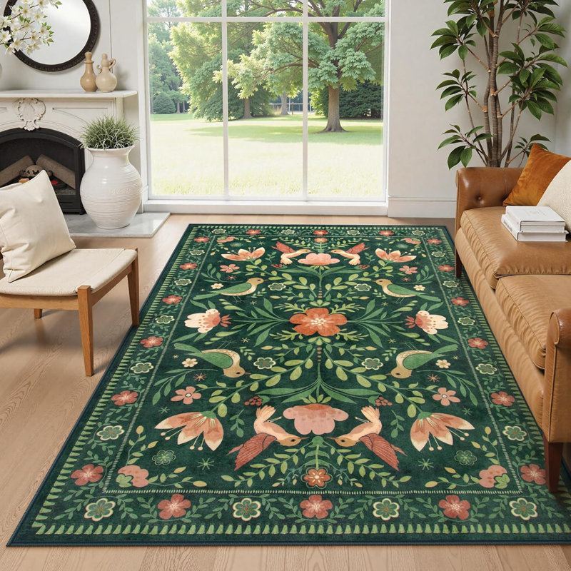 Goldene Boho Washable Botanical Dark Green Area Rugs for Living Room, Low-Pile Floral Rug with Non Slip Backing For Bedroom Dining Room
