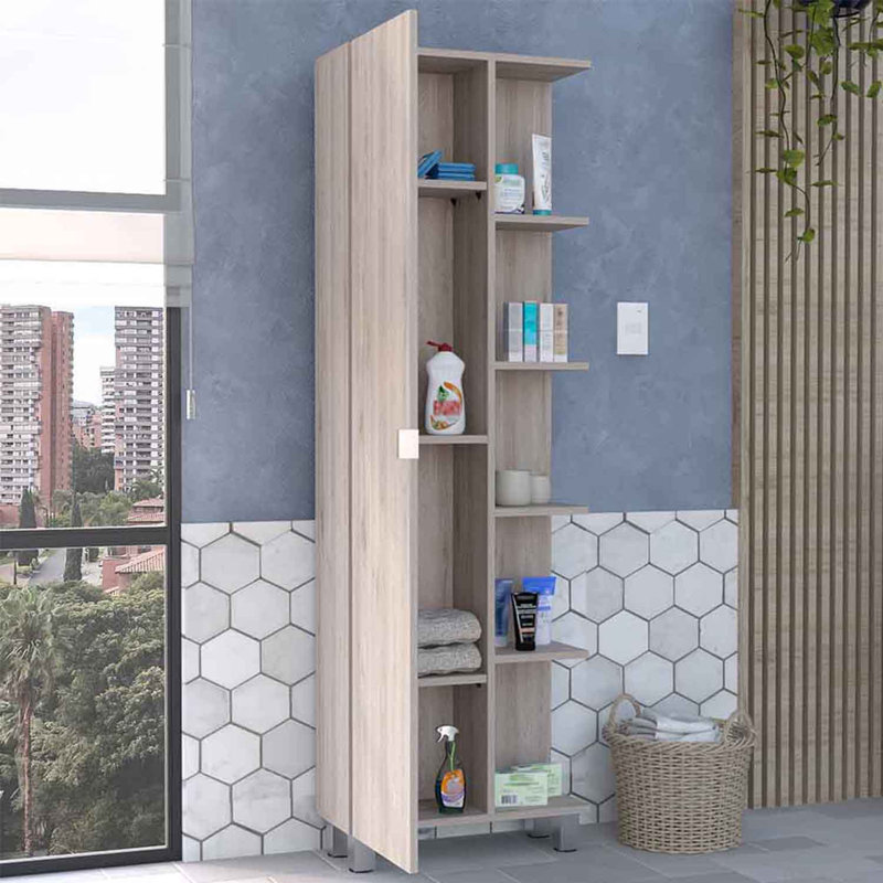 Armoire de salle de bain haute en lin Urano avec quatre tablettes extérieures ouvertes, Gris clair