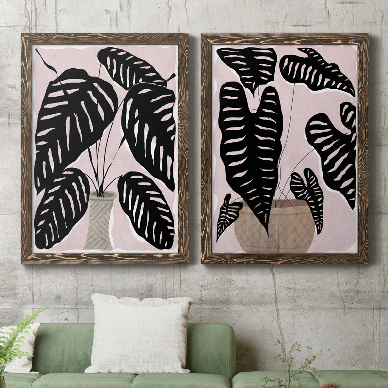 Plante en pot I - ensemble de 2 peintures sur toile encadrées, H 20 po x l 34 po x P 1,5 po, Cadre noyer