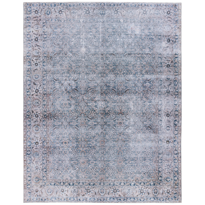 Tucson Vintage Look Machine Washable Non-Slip Area Rug in Grey/ Blue, Rectangle 244 x 305 cm