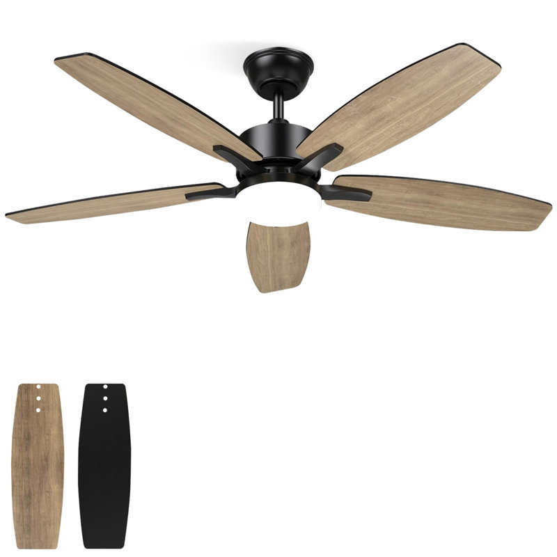 Ventilateur de plafond 52 po intérieur / extérieur moderne noir 52 po avec DEL 3 couleurs à intensité variable, télécommande, moteur à courant continu réversible, 6 vitesses