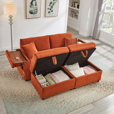 Oversized Multifunctional Storage , Orange Foam+spring Comfortable Fluffy Corduroy Lazy , Double Ottomans, Table Board, Soft Chaise Lounge, High - Quality Fabric, Multi Function Armrest With Tabletop