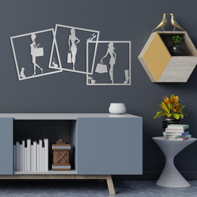 Ensemble de 3 art mural mode en métal, silhouette de femme faisant des emplettes, décoration murale glam, art de salon, cadeau pour elle, placard ou boutique