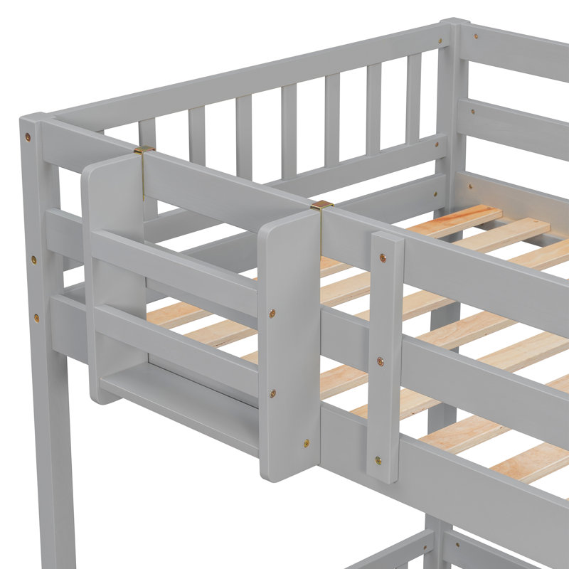 Lit superposé Montessori pour deux personnes avec glissade, escalier de rangement, éclairage DEL et tablette de chevet amovible, gris